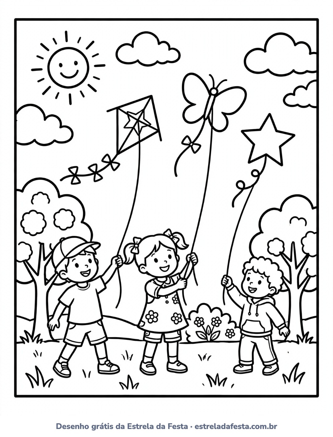 Desenho para colorir: Crianças soltando pipa